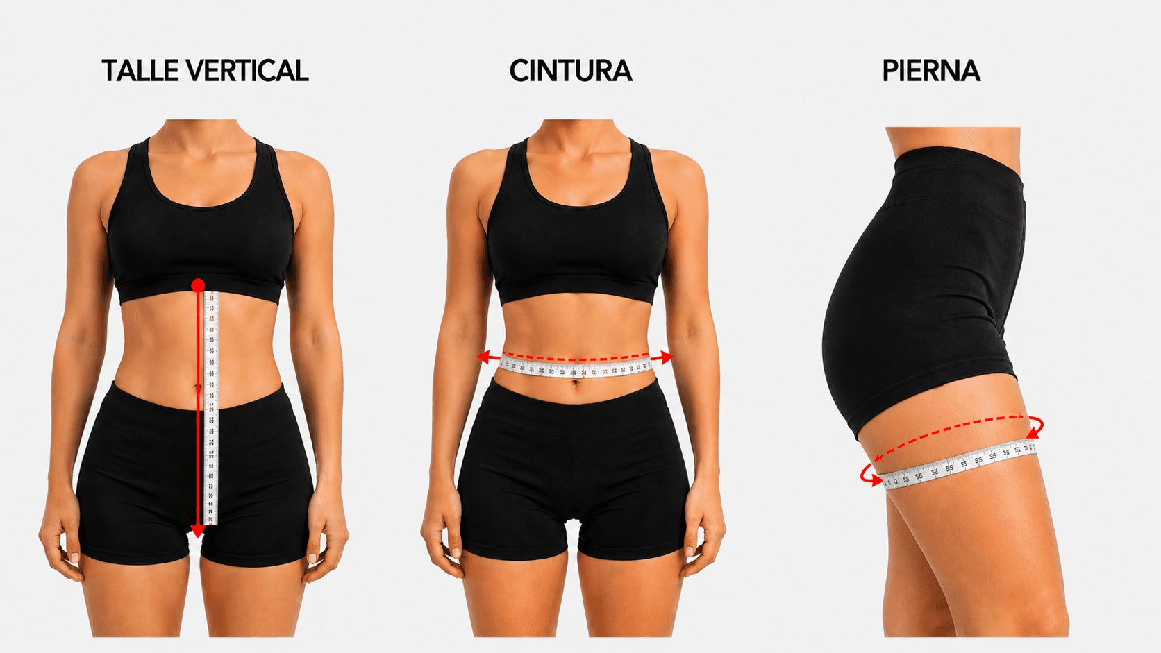 Ilustración de una silueta femenina que muestra cómo medir la cintura, el talle vertical y el contorno de la pierna para elegir la talla de una faja.